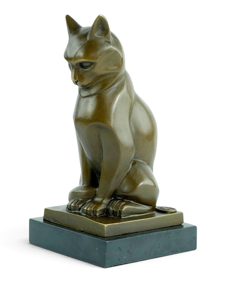 Bronze sculpture of a sitting cat in cubist style