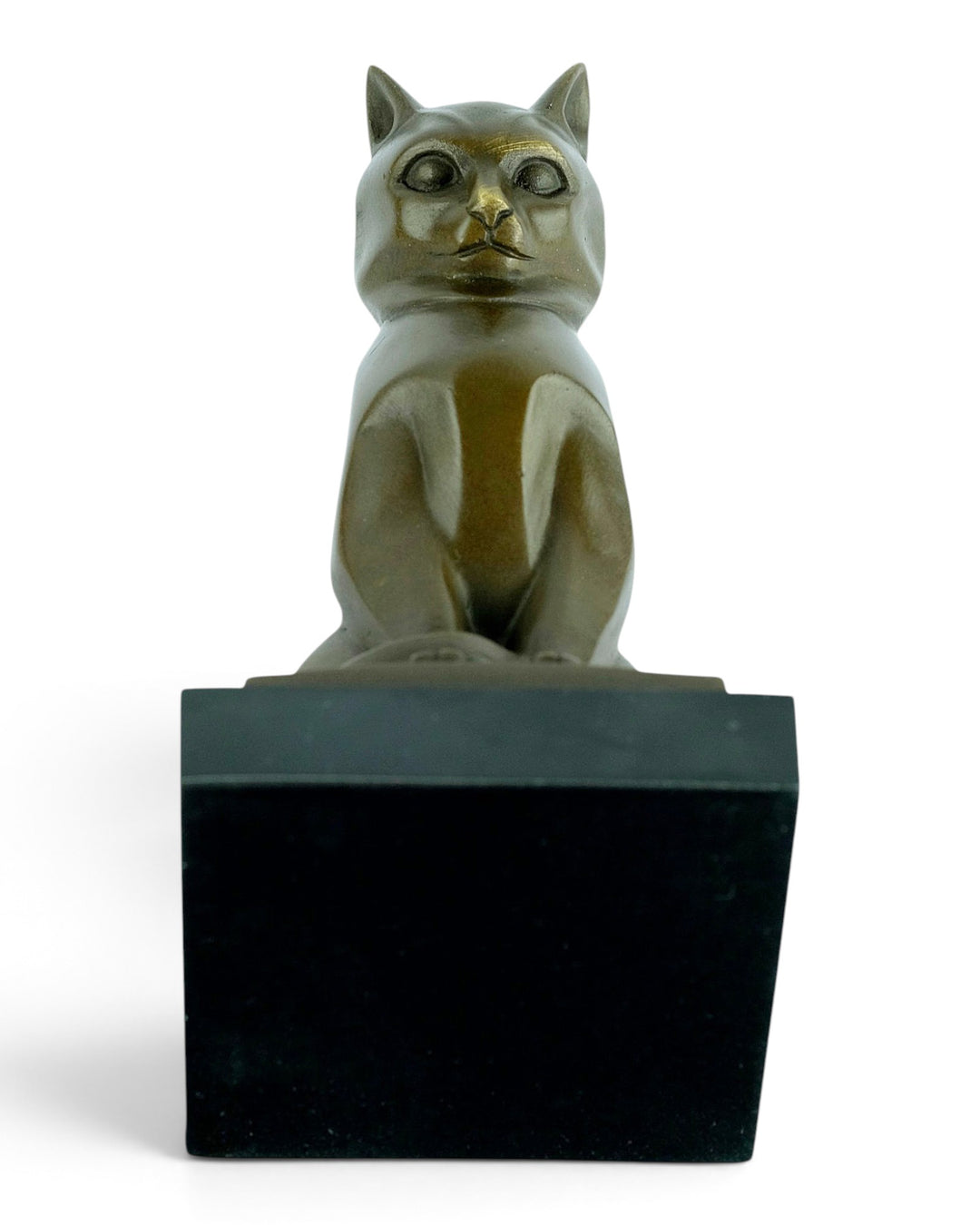 Bronze sculpture of a sitting cat in cubist style
