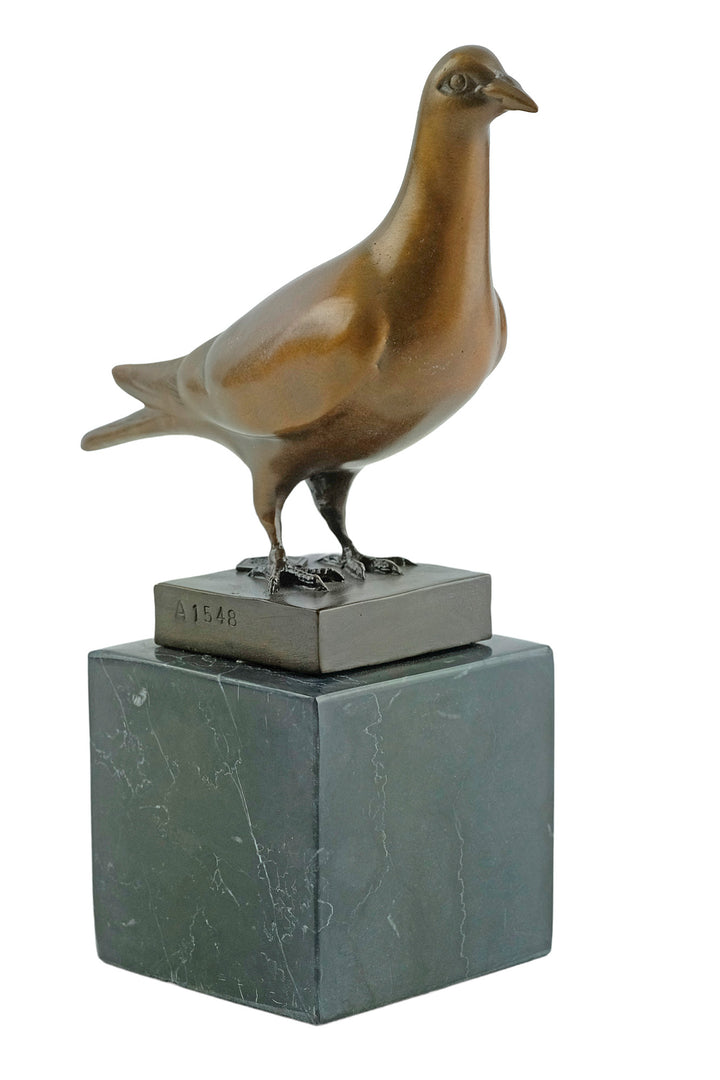 Bronze sculpture of a standing pigeon