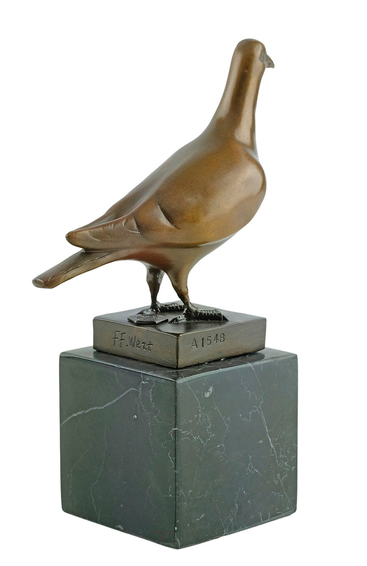 Bronze sculpture of a standing pigeon