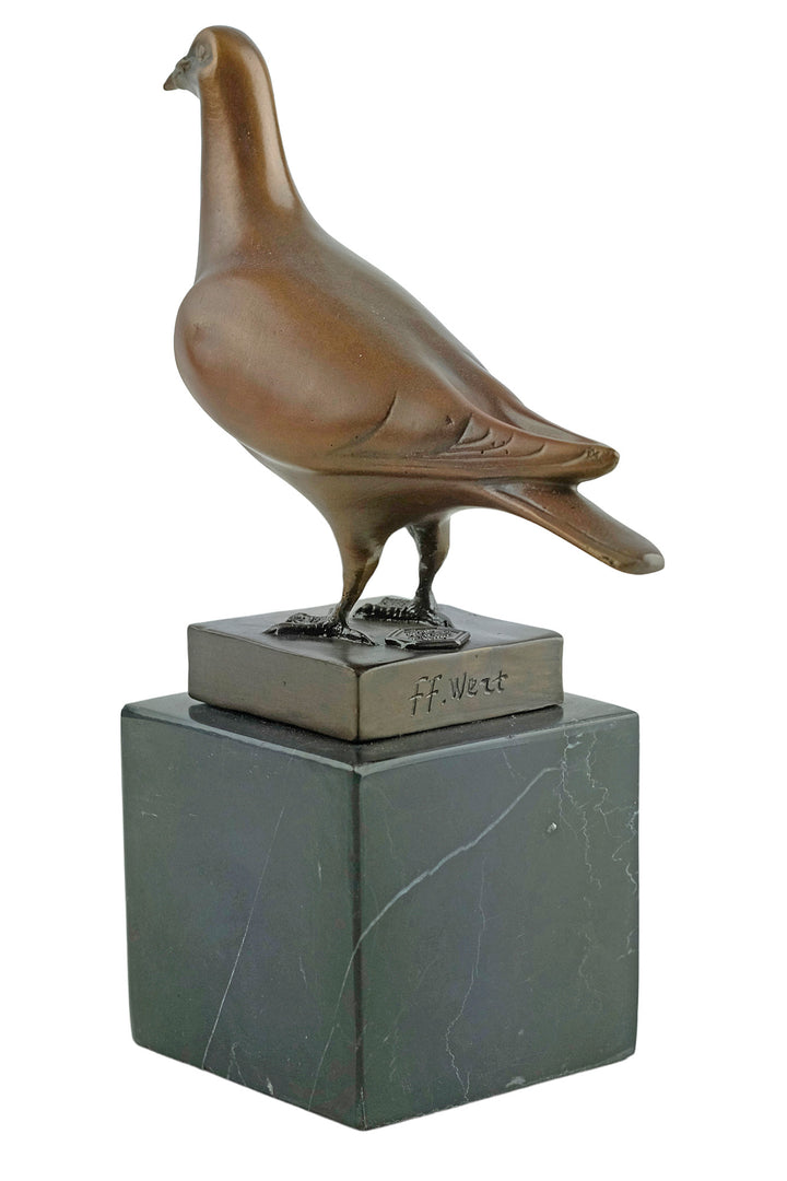 Bronze sculpture of a standing pigeon
