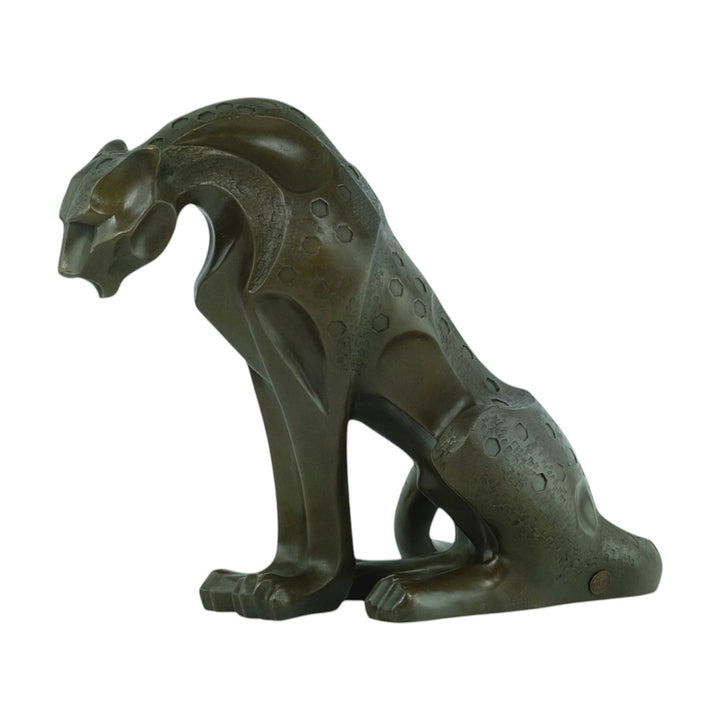 Bronze sculpture of a sitting jaguar in cubist style