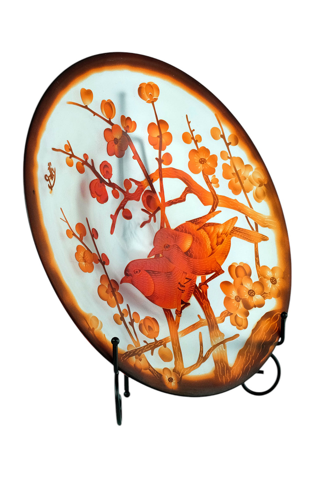 Cameo glass dish with floral decoration and sparrows - in Art Nouveau style