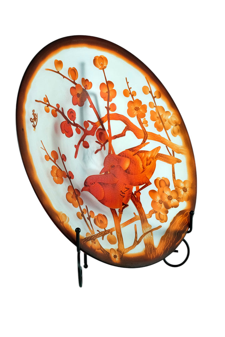 Cameo glass dish with floral decoration and sparrows - in Art Nouveau style