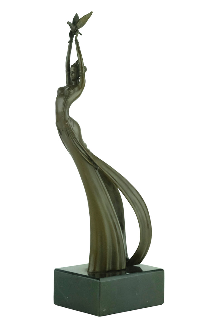 Modern bronze sculpture of a female releasing a bird