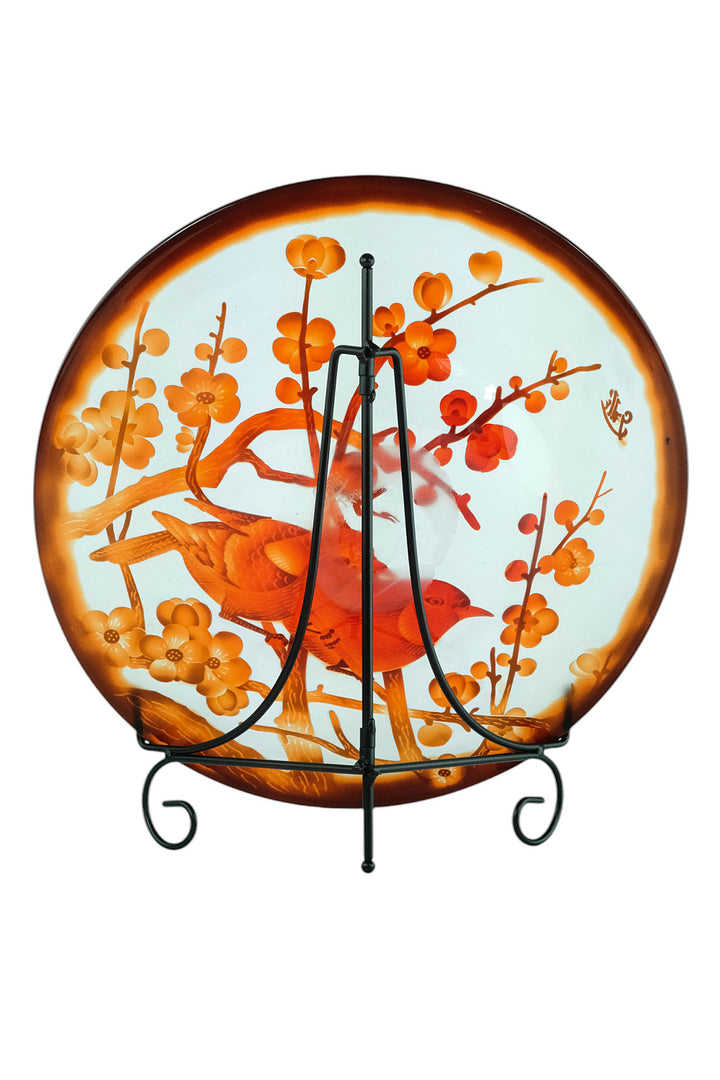 Cameo glass dish with floral decoration and sparrows - in Art Nouveau style