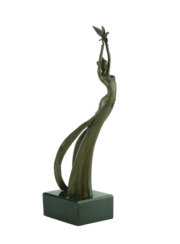 Modern bronze sculpture of a female releasing a bird