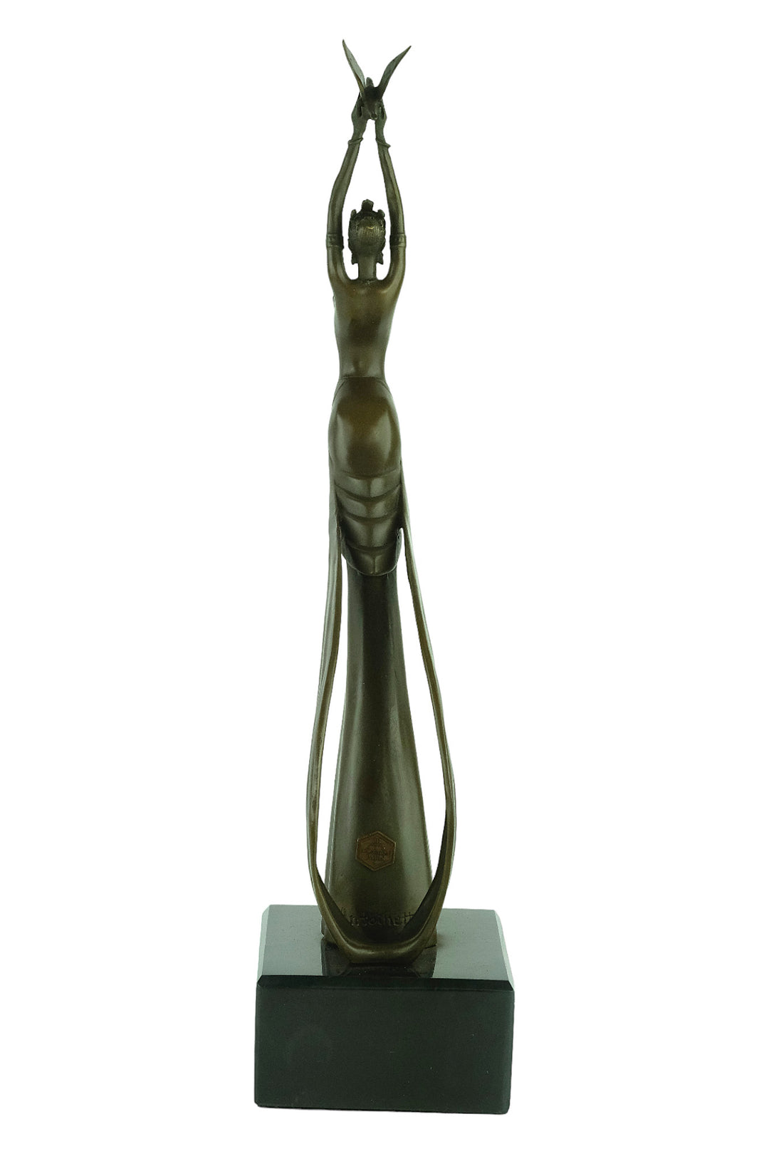 Modern bronze sculpture of a female releasing a bird