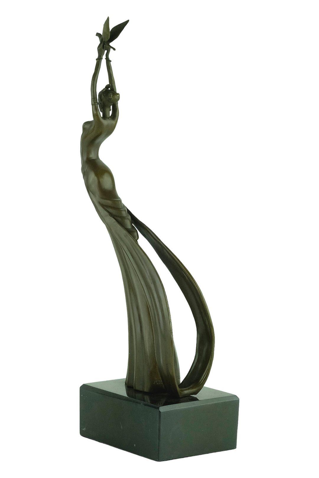 Modern bronze sculpture of a female releasing a bird