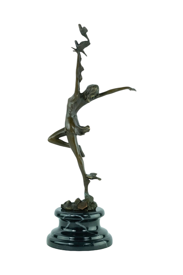 Bronze sculpture of a female dancing with birds