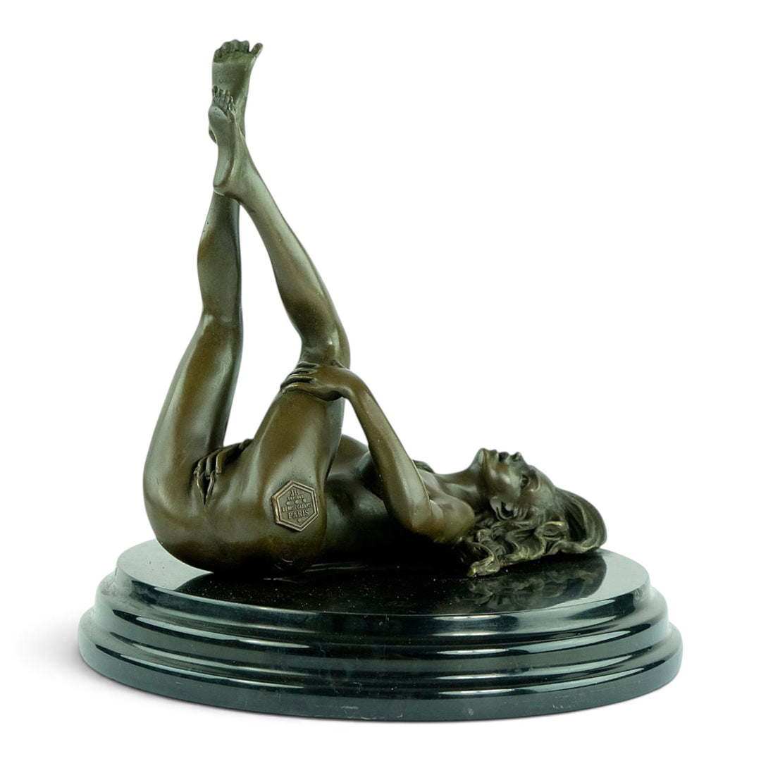 Erotic Bronze Sculpture of a Reclining Female Nude Pleasuring Herself