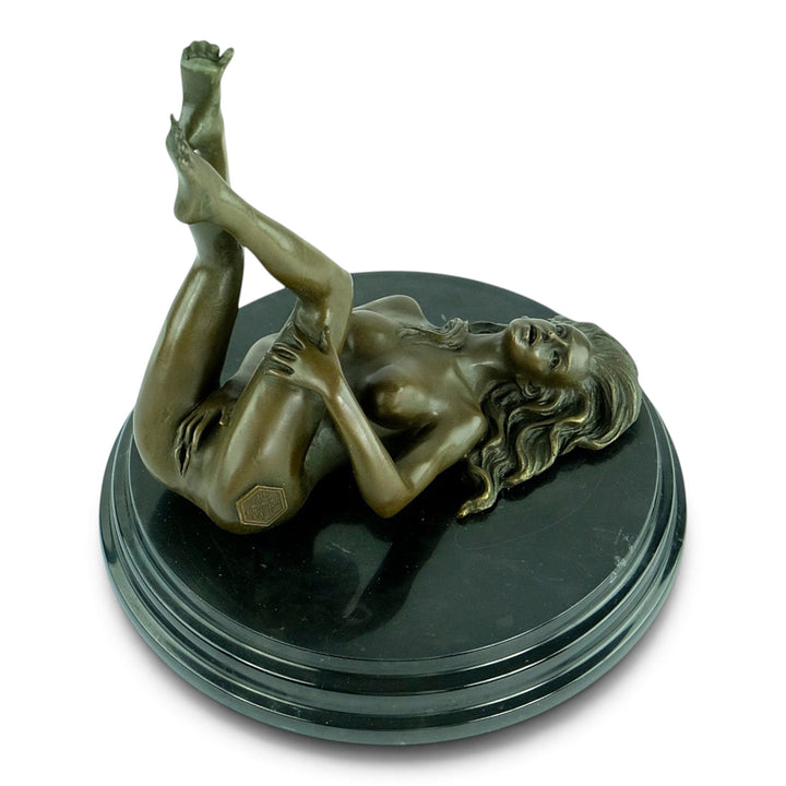 Erotic Bronze Sculpture of a Reclining Female Nude Pleasuring Herself