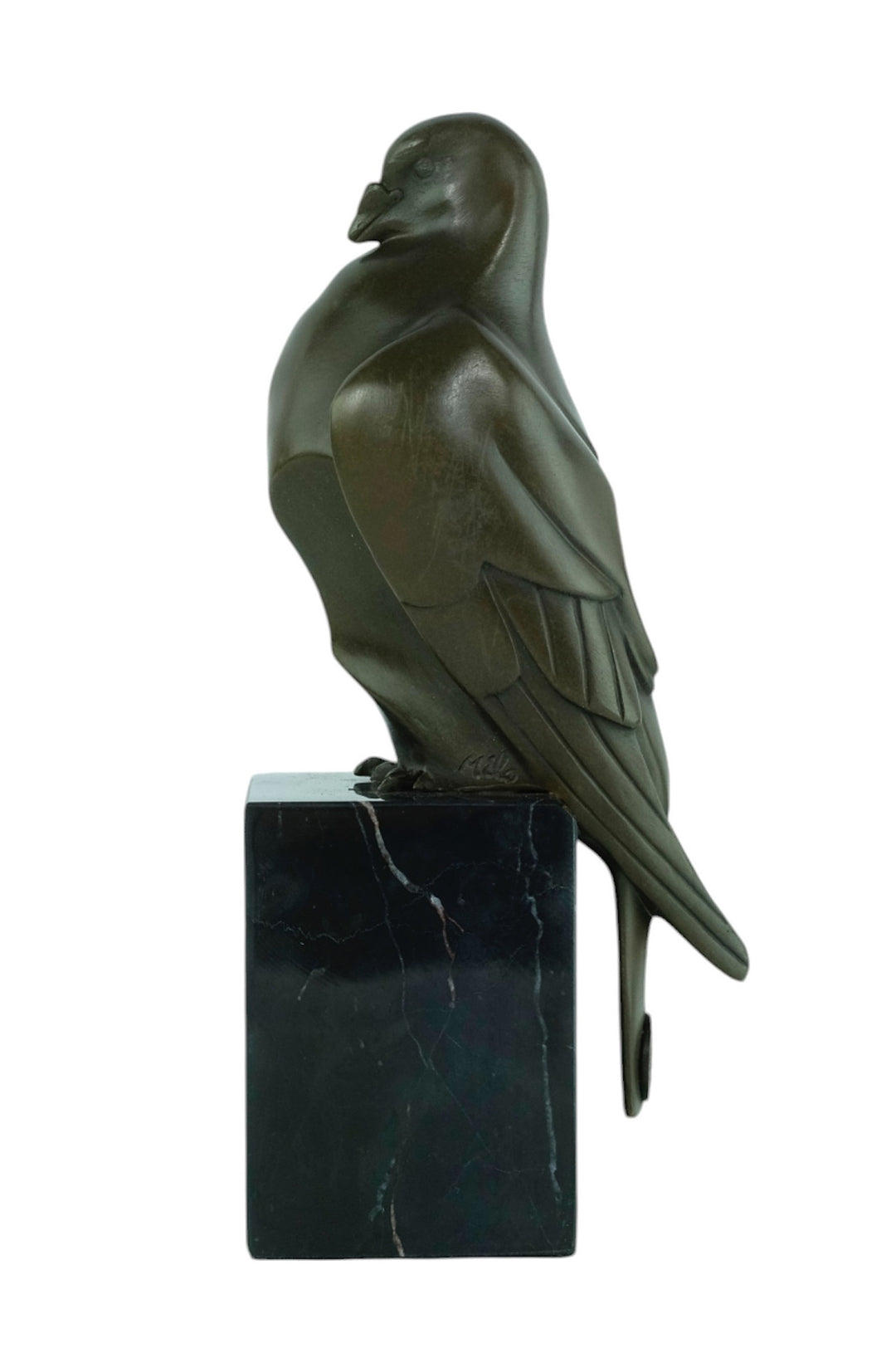 Bronze sculpture of a sitting pigeon in Art Deco style
