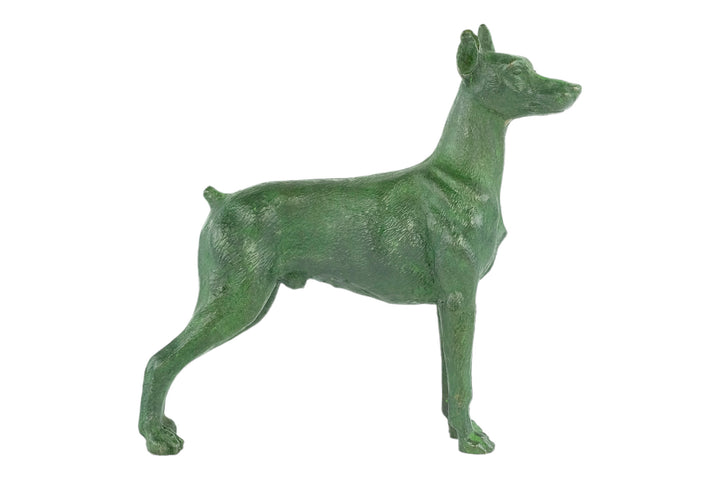 Bronze sculpture of a standing dobermann dog