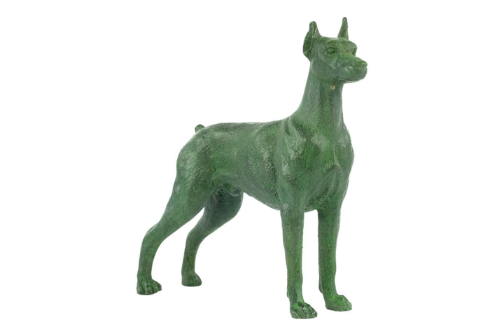 Bronze sculpture of a standing dobermann dog