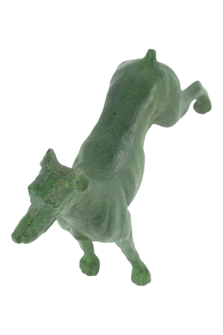 Bronze sculpture of a standing dobermann dog