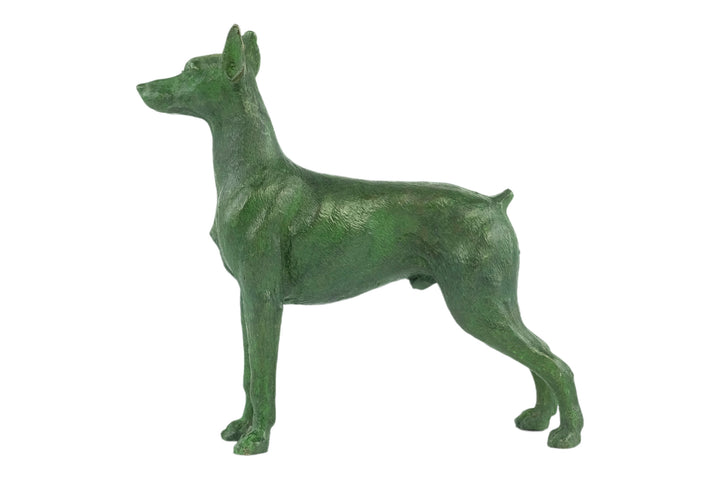 Bronze sculpture of a standing dobermann dog