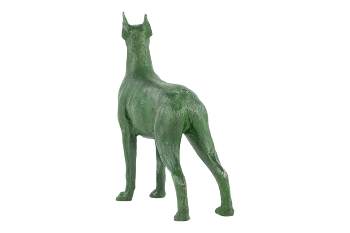 Bronze sculpture of a standing dobermann dog