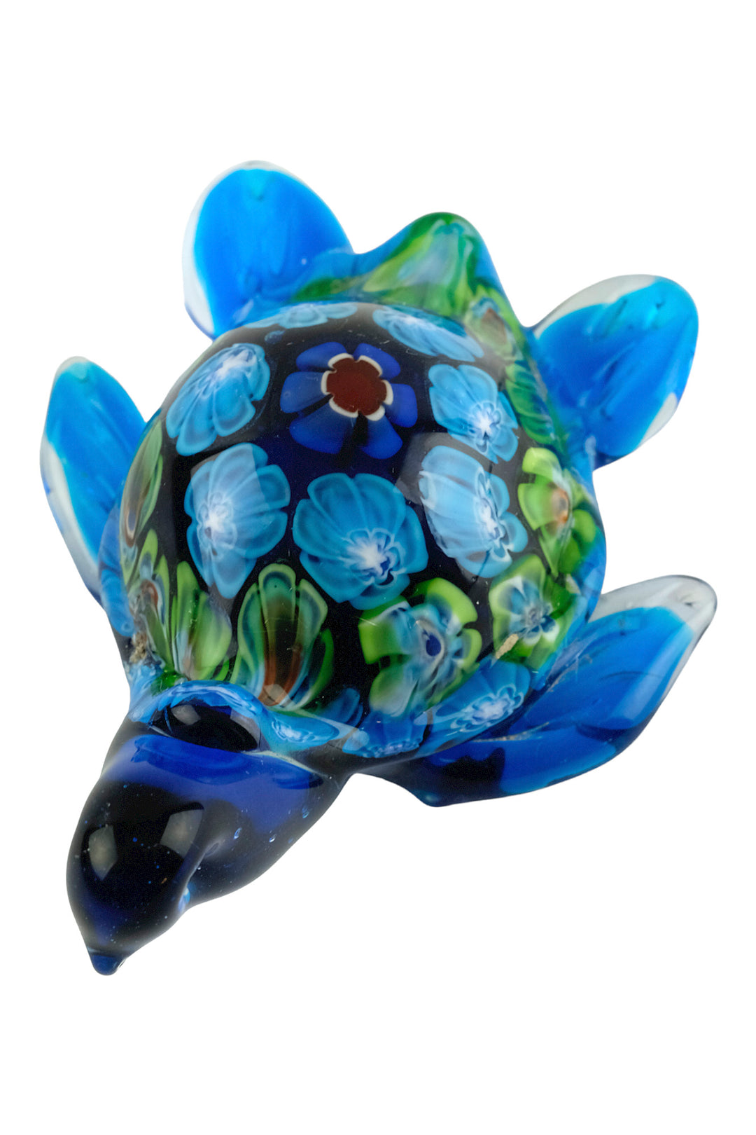 Handmade colourful glass statue of a swimming turtle in Murano style, 7 x 13 cm, decorative art figure.
