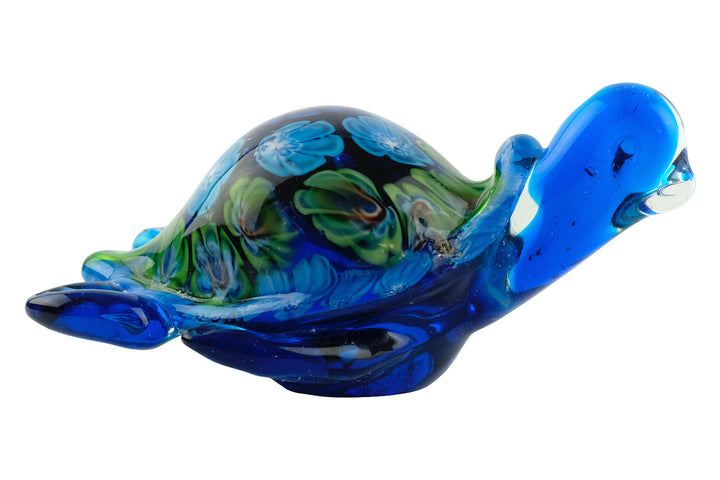 Vibrant glass turtle sculpture in Murano style, showcasing colorful designs, perfect for decorative art.