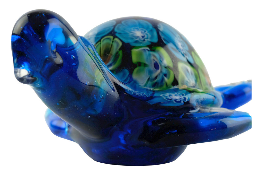 Cheerful Murano-style glass sculpture of a swimming turtle in vibrant colors, ideal decorative art piece.