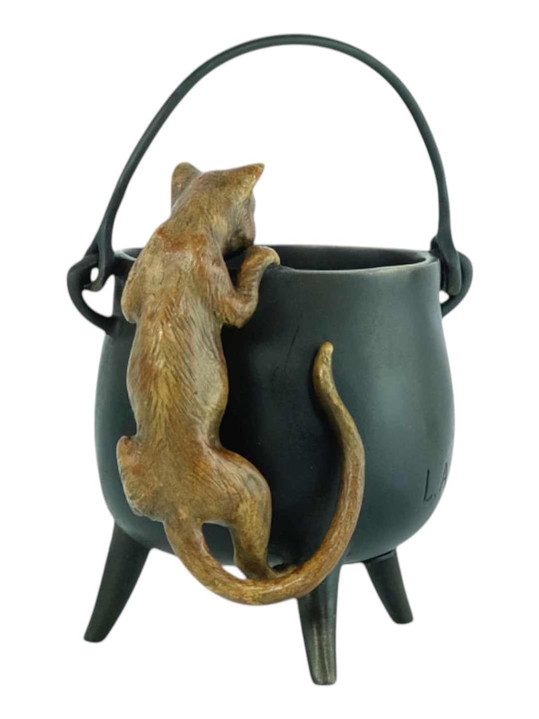 Bronze sculpture of a curious cat climbing into a cauldron