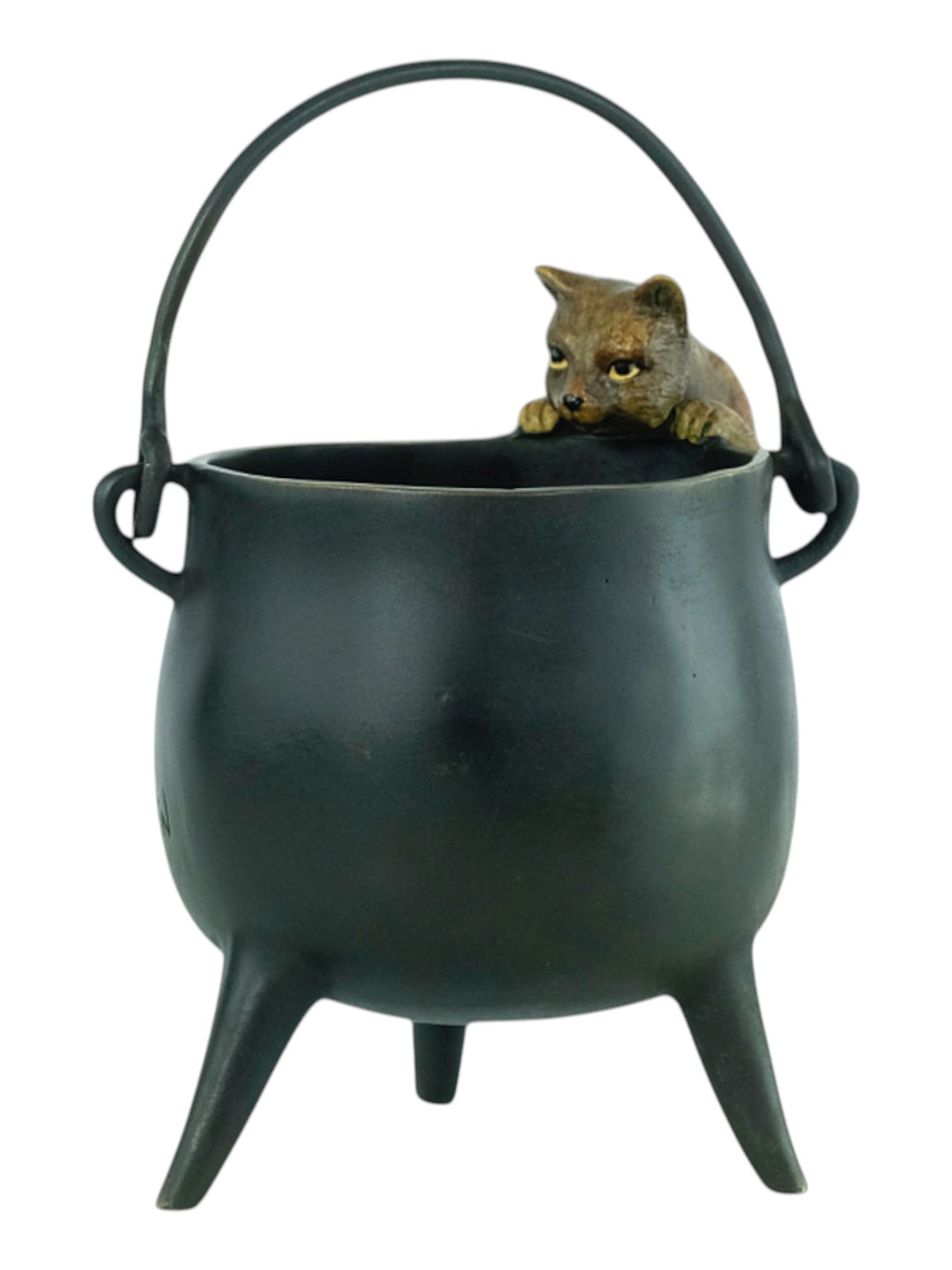 Bronze sculpture of a curious cat climbing into a cauldron