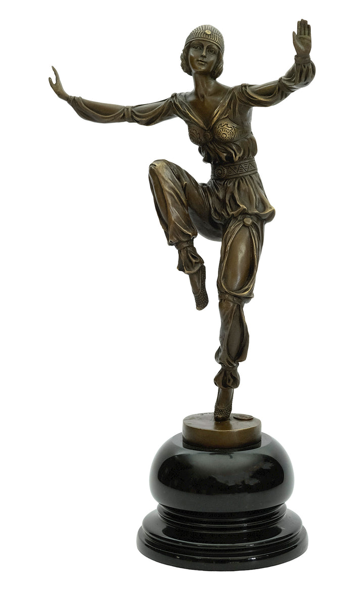 Bronze sculpture of an Art Deco style dancer named 'Scheherazade'