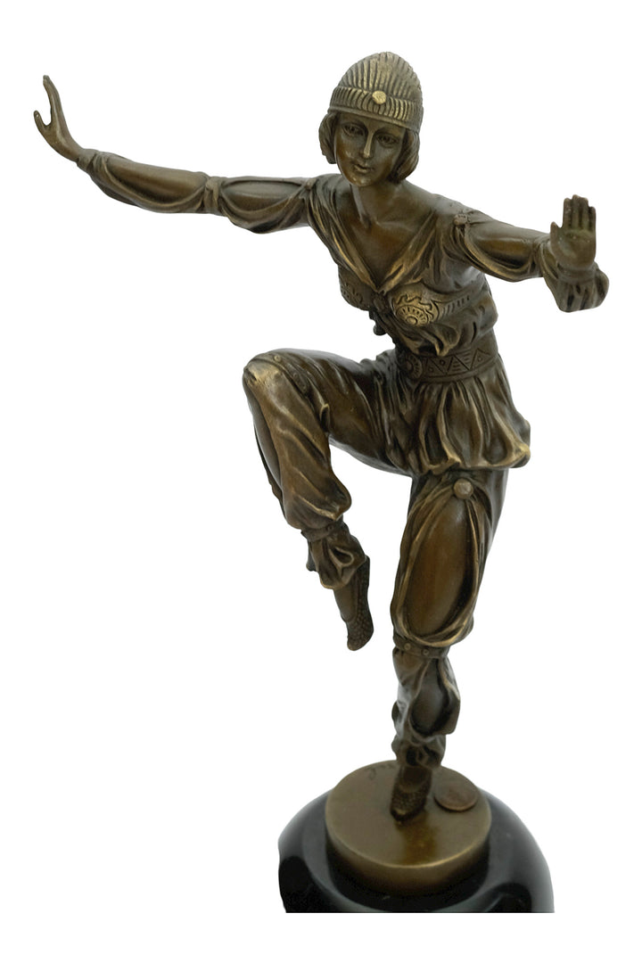 Bronze sculpture of an Art Deco style dancer named 'Scheherazade'