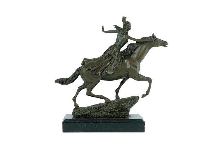 Bronze sculpture of a valkyrie riding her horse