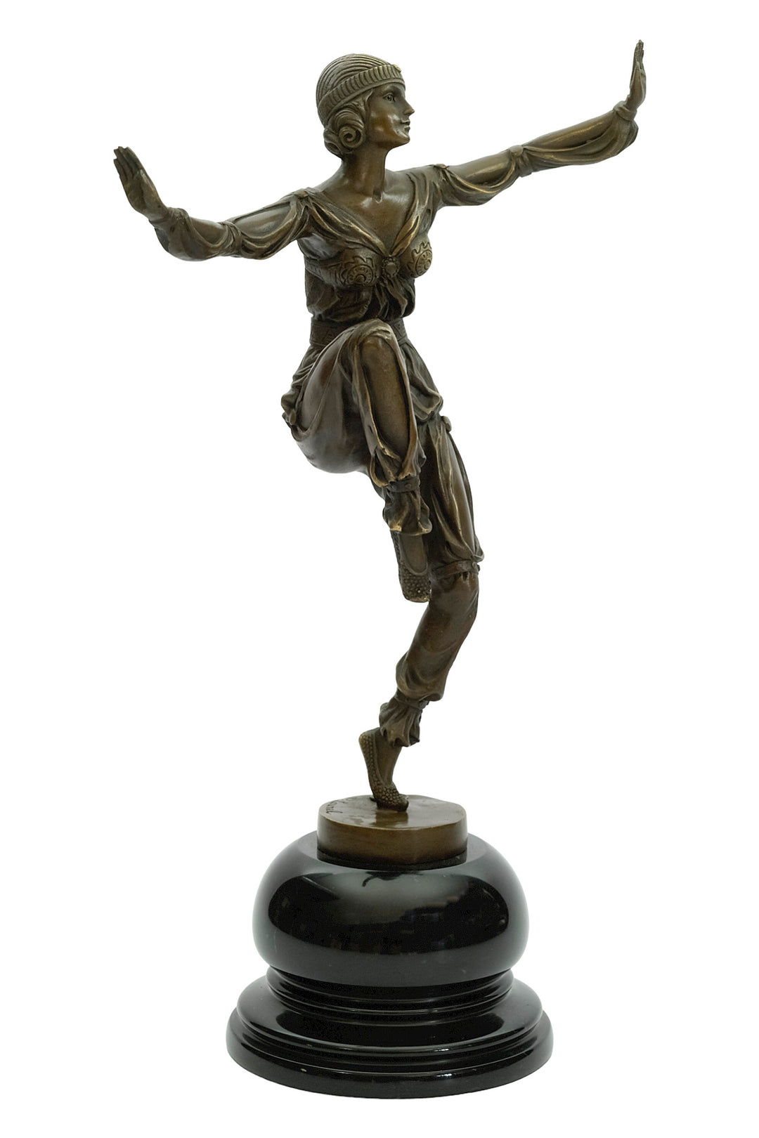 Bronze sculpture of an Art Deco style dancer named 'Scheherazade'
