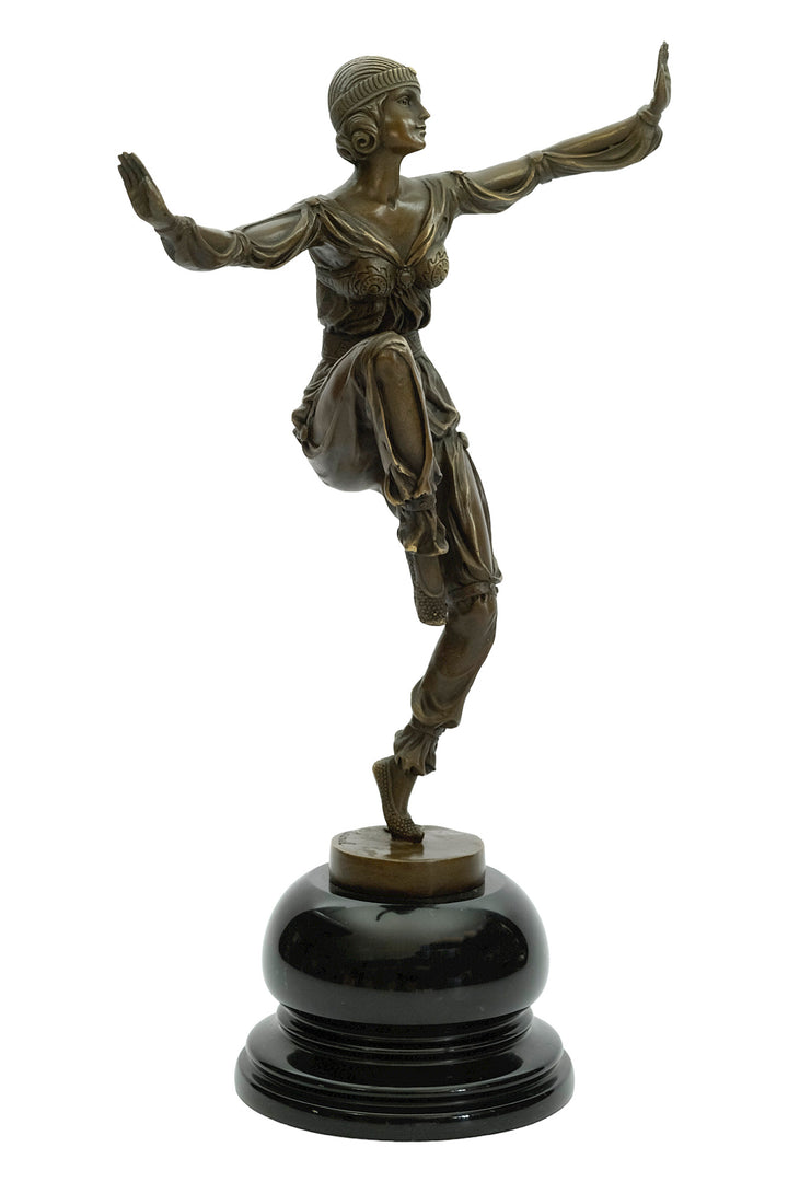 Bronze sculpture of an Art Deco style dancer named 'Scheherazade'