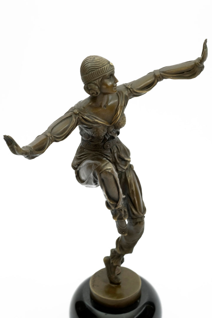 Bronze sculpture of an Art Deco style dancer named 'Scheherazade'