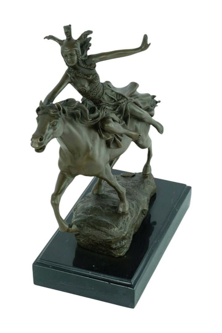 Bronze sculpture of a valkyrie riding her horse