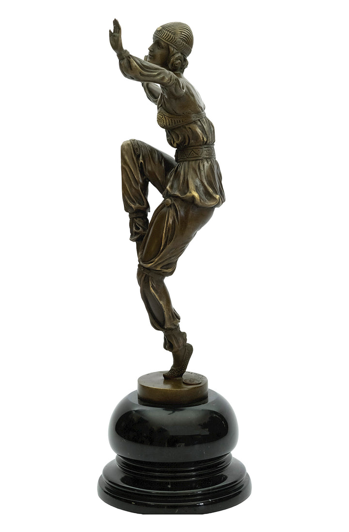 Bronze sculpture of an Art Deco style dancer named 'Scheherazade'