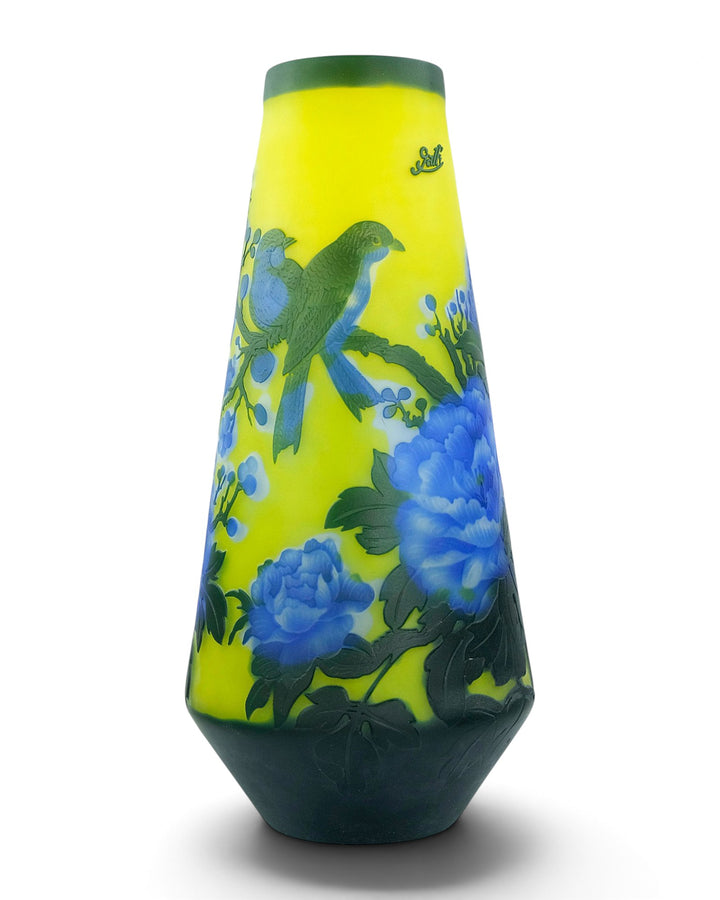 Large Cameo Glass Vase with Blossoms and Birds after Émile Gallé