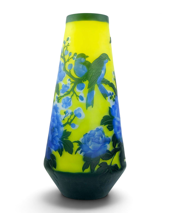 Large Cameo Glass Vase with Blossoms and Birds after Émile Gallé