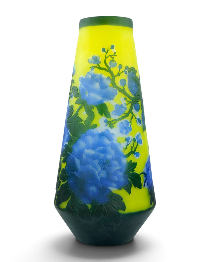 Large Cameo Glass Vase with Blossoms and Birds after Émile Gallé