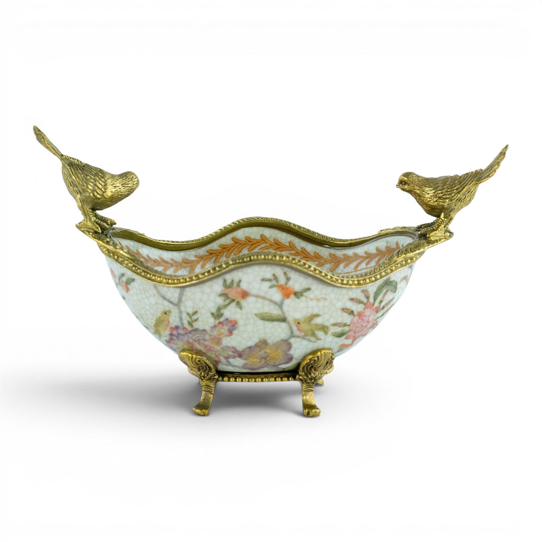 Ciotola in porcellana con uccelli in bronzo in stile Art Nouveau