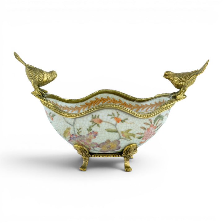 Ciotola in porcellana con uccelli in bronzo in stile Art Nouveau