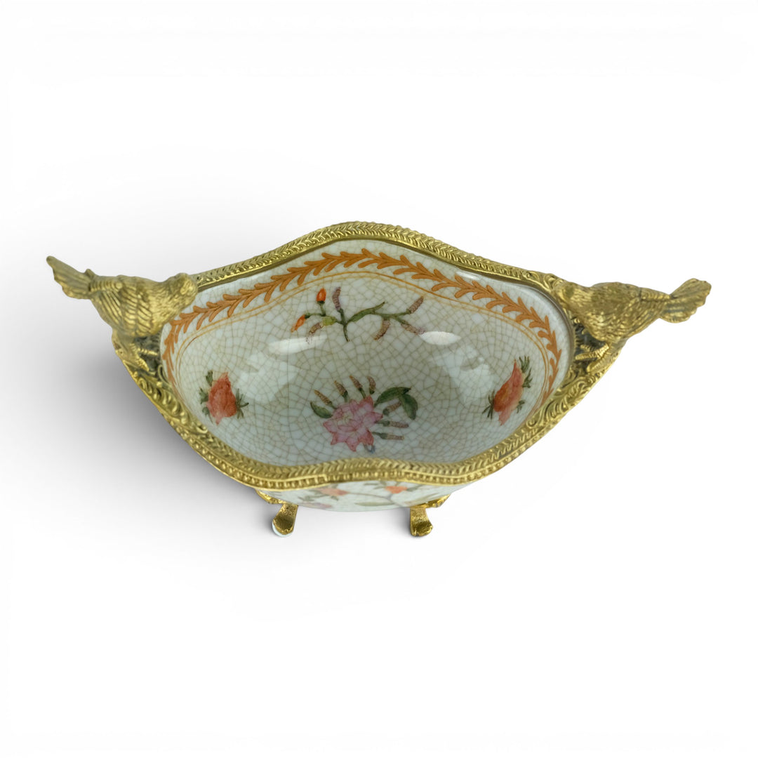 Ciotola in porcellana con uccelli in bronzo in stile Art Nouveau
