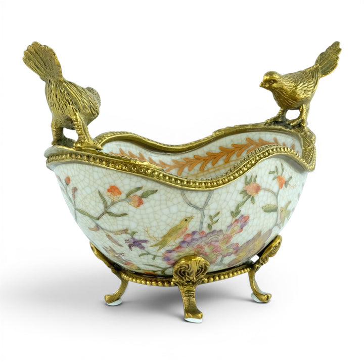 Ciotola in porcellana con uccelli in bronzo in stile Art Nouveau