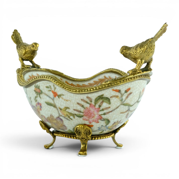 Ciotola in porcellana con uccelli in bronzo in stile Art Nouveau