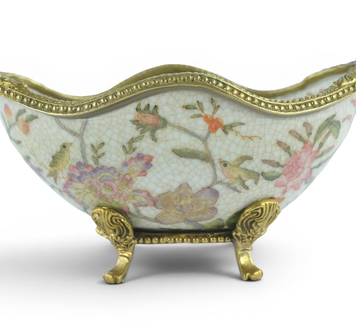 Ciotola in porcellana con uccelli in bronzo in stile Art Nouveau