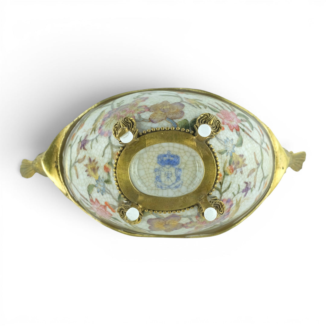 Ciotola in porcellana con uccelli in bronzo in stile Art Nouveau
