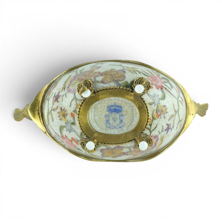 Ciotola in porcellana con uccelli in bronzo in stile Art Nouveau