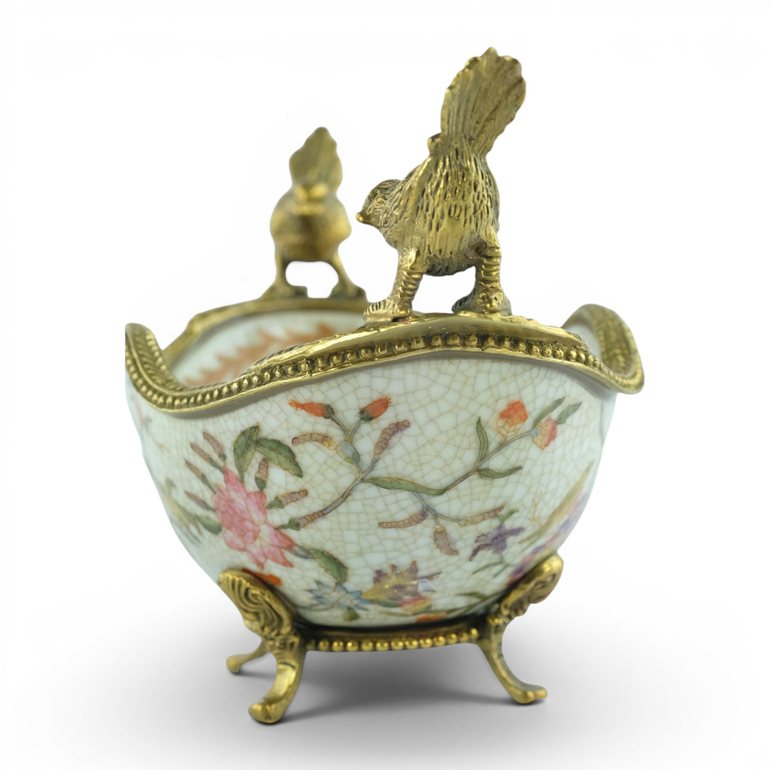 Ciotola in porcellana con uccelli in bronzo in stile Art Nouveau