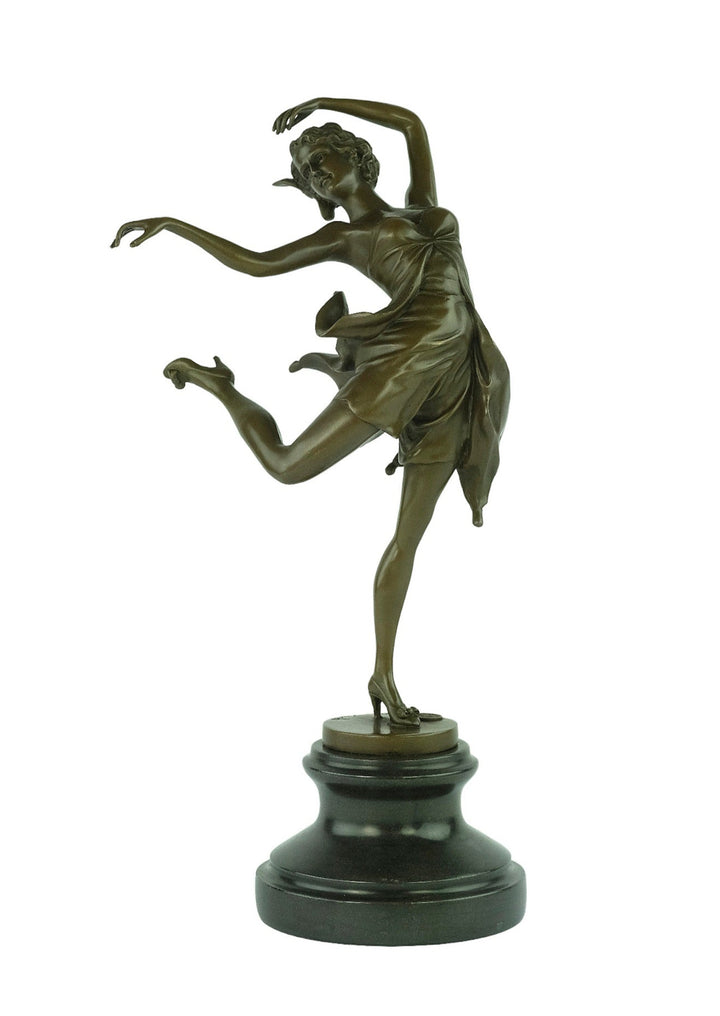 Bronze sculpture of a female dancer in a flowy dress