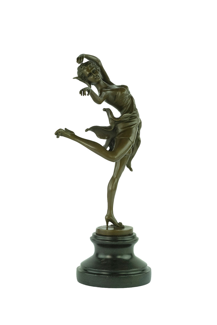 Bronze sculpture of a female dancer in a flowy dress