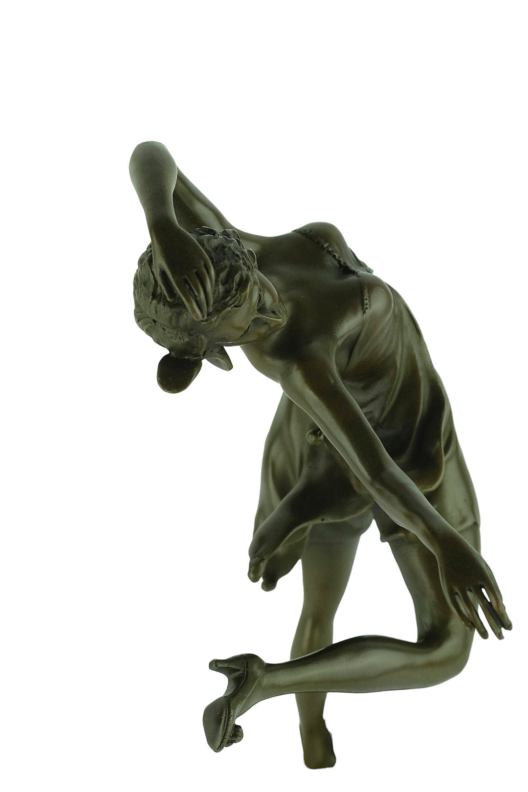 Bronze sculpture of a female dancer in a flowy dress